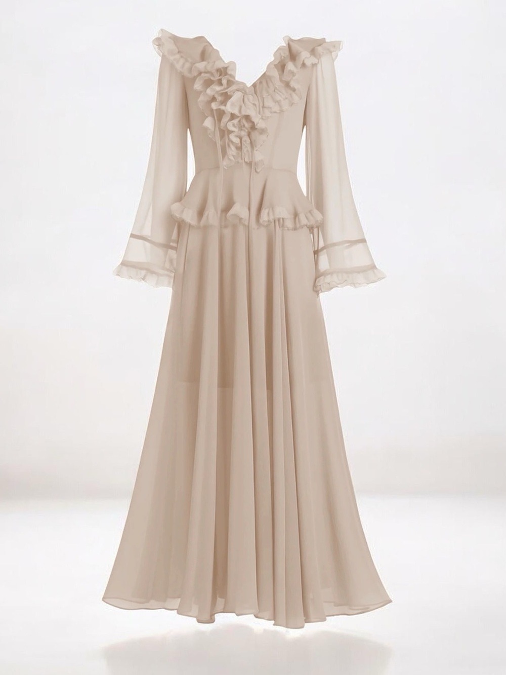 CeliaB Bliss Ruffle Detail Midi Dress Beige Elegant Cottagecore Romantic XL - Picture 3 of 17